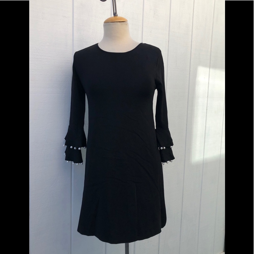 Zara black knit sheath dress ruffle faux pearls M